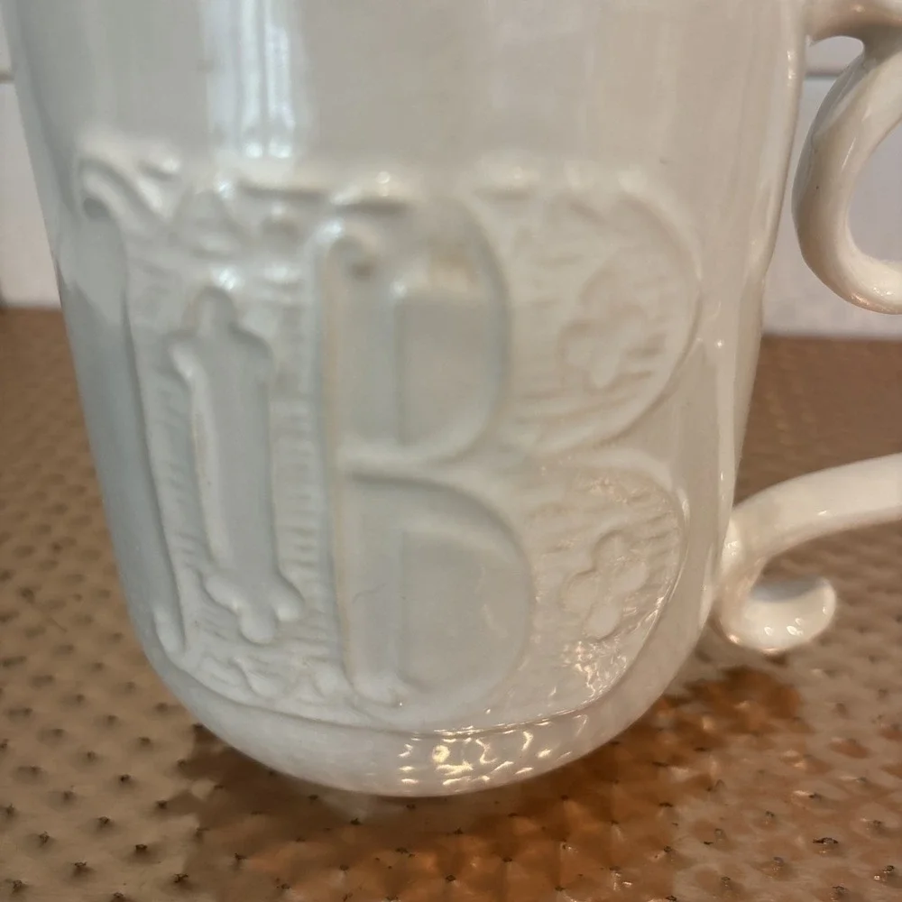 Pottery Barn A-Z Monogram Raised Letter B Coffee Tea Cup Mug Ornate Handle Ivory